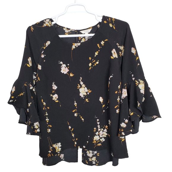 Lauren Conrad Sz 1X Blouse Floral Crinkle Flared Tulip Sleeves Back Slit Black - Picture 2 of 10